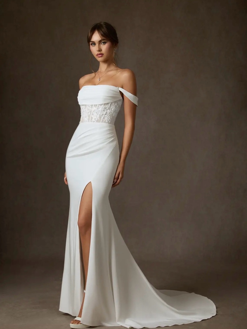Azazie White Off-Shoulder Lace Bodice Wedding Gown with Thigh Slit